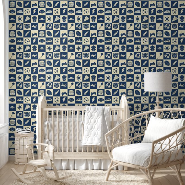 Niedlich Modern Blue Checkered Icons Muster Boy's Tapete (Kinder)