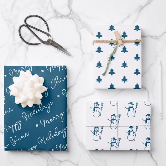 Niedlich Modern Blue Snowman Weihnachtsbaumskript Geschenkpapier Set (Vorderseite)