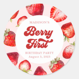 Niedlich Modern Boho Strawberry Berry 1. Geburtsta Runder Aufkleber