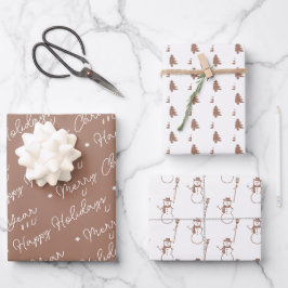 Niedlich Modern Brown Snowman Weihnachtsbaumen Geschenkpapier Set