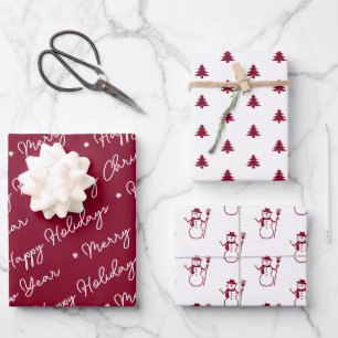 Niedlich Modern Burgundy Red Snowman Weihnachtsbau Geschenkpapier Set