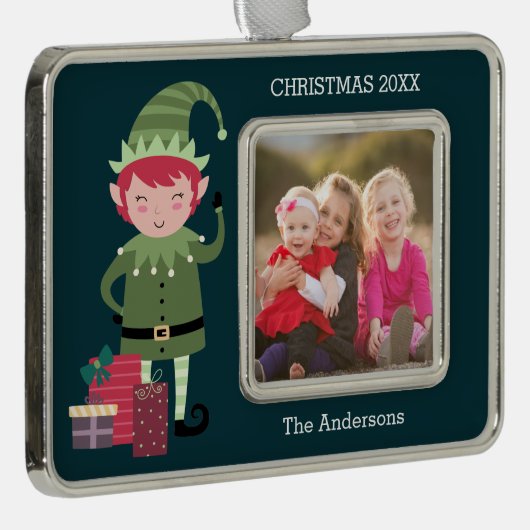 Niedlich Modern Funny Modern Christmas Elf Geschen Rahmen-Ornament Silber (Rechts)