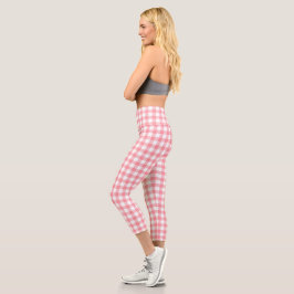 Niedlich Modern Girly White Pink Gingham Kariert Capri Leggings