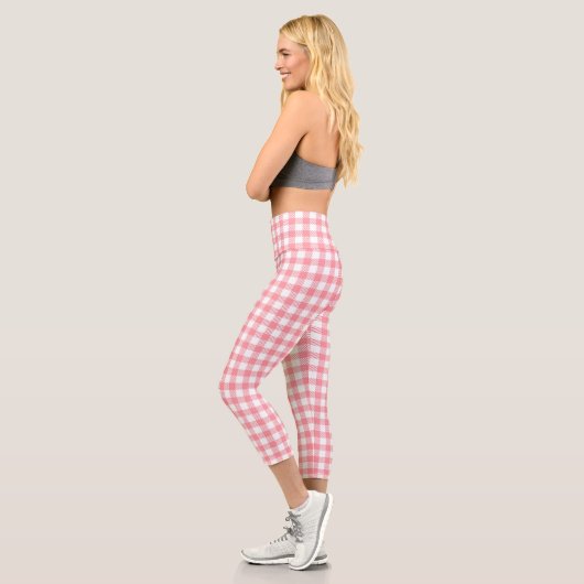 Niedlich Modern Girly White Pink Gingham Kariert Capri Leggings (Links)