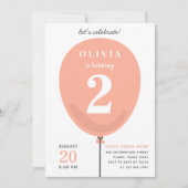 Niedlich Modern Peach Balloon - Girl 2. Geburtstag Einladung (Vorderseite)