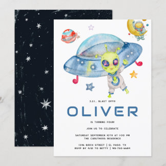 Niedlich Modern Space Alien UFO Geburtstagsparty Einladung