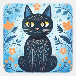 Niedlich Moderne Abstrakte Schwarze Katze in Herbs Quadratischer Aufkleber