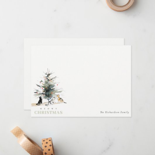 Niedlich Moderne Aquarellfarbe Weihnachtsbaumkatze Mitteilungskarte (Vorderseite/Rückseite Beispiel)