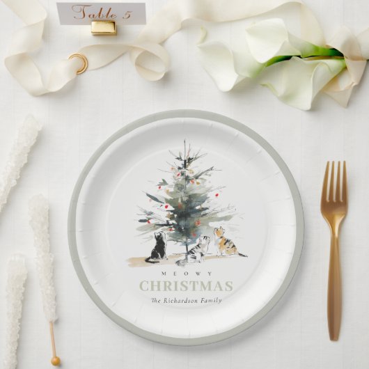 Niedlich Moderne Aquarellfarbe Weihnachtsbaumkatze Pappteller (Hochzeit)