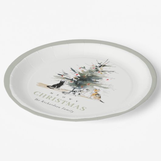 Niedlich Moderne Aquarellfarbe Weihnachtsbaumkatze Pappteller (Schrägansicht)