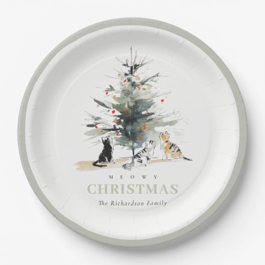 Niedlich Moderne Aquarellfarbe Weihnachtsbaumkatze Pappteller (Vorderseite)