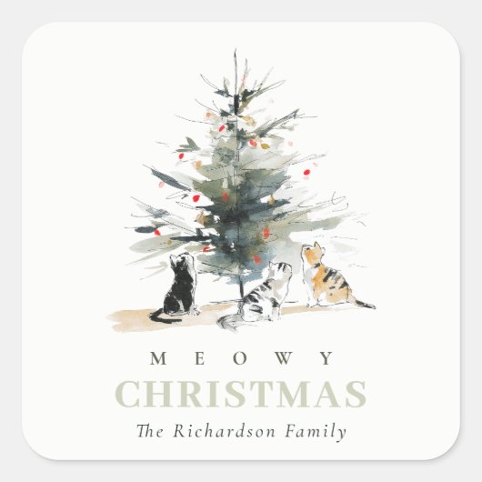 Niedlich Moderne Aquarellfarbe Weihnachtsbaumkatze Quadratischer Aufkleber (Vorderseite)