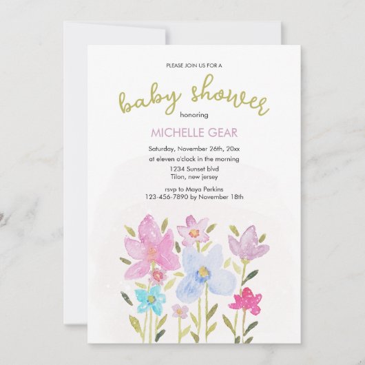 Niedlich Moderne Aquarellfarben Wildblume Illustra Einladung (Vorderseite)