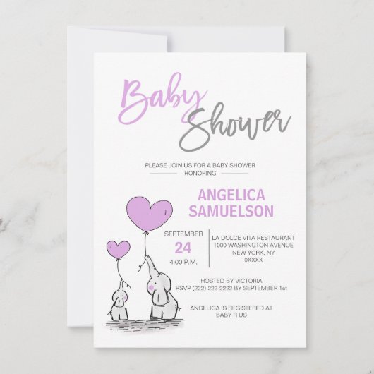 Niedlich moderne LAVENDER Mommy Elephant & Baby Du Einladung (Vorderseite)