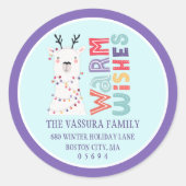 Niedlich Moderne Weihnachtslama-Rücksendeadresse Runder Aufkleber (Vorderseite)