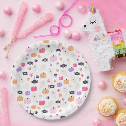 Niedlich Moderner lila Kürbis und SpinnenHalloween Pappteller (Party)