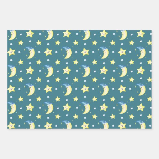Niedlich Moon and Stars Muster Blue Baby Dusche Geschenkpapier Set (Vorderseite 2)