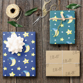 Niedlich Moon and Stars Muster Blue Baby Dusche Geschenkpapier Set