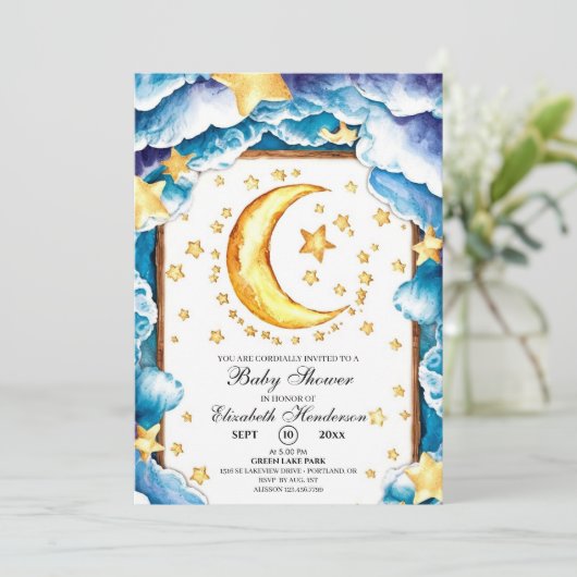 Niedlich Moon Celestial Baby Dusche Einladung (Stehend Vorderseite)