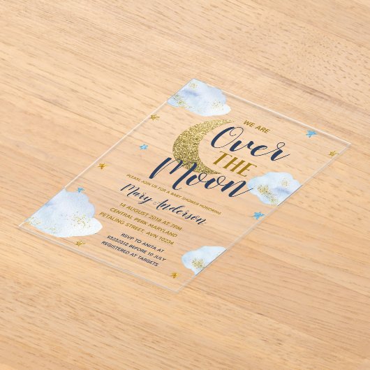 Niedlich Moon Navy Blue and Gold Glitzer Baby Dusc Acryleinladungen (Ablage )