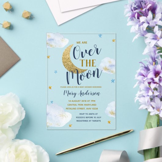 Niedlich Moon Navy Blue and Gold Glitzer Baby Dusc Acryleinladungen (In Situ (Hochzeit))