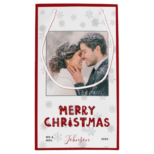 Niedlich Mr. & Mrs. Red Typografy Snowflake Foto X Kleine Geschenktüte (Rückseite)