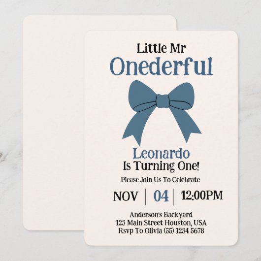 Niedlich Mr Onederful Blue Bow Boy 1. Geburtstag Einladung (Vorne/Hinten)