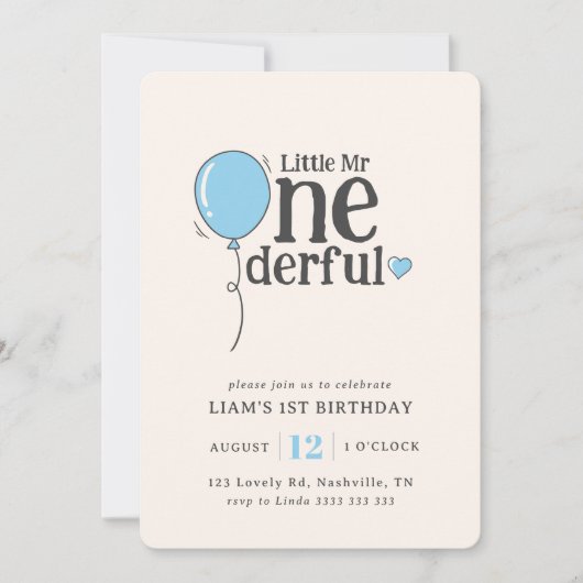 Niedlich Mr Onederful Soft Blue Balloon 1. Geburts Einladung (Vorderseite)