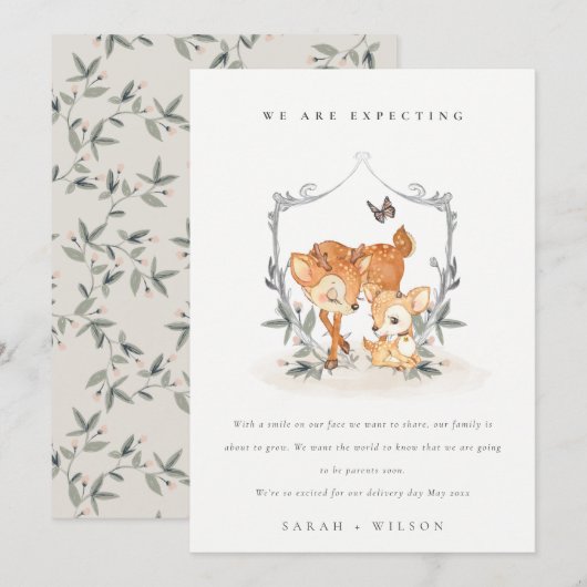 Niedlich Mum Deer Fawn Floral Wappen Kinderankündi Dankeskarte (Vorne/Hinten)