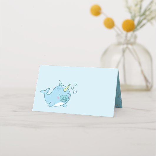 Niedlich Narwhal Baby Shower Kawaii Blue Boy Platzkarte (Vorderseite)