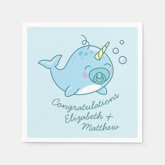Niedlich Narwhal Baby Shower Kawaii Blue Boy Serviette (Vorderseite)