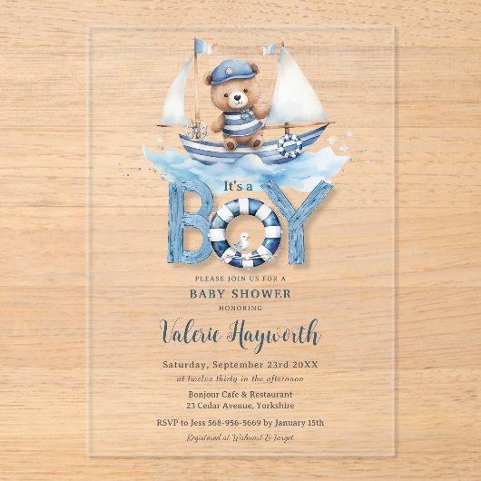 Niedlich Nautical Blue Boat Teddy Bear Boy Baby Du Acryleinladungen (Vorderseite)