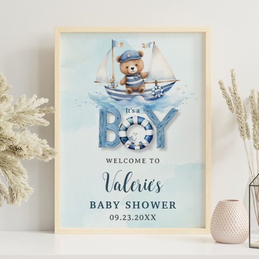 Niedlich Nautical Blue Boat Teddy Bear Boy Baby Du Poster