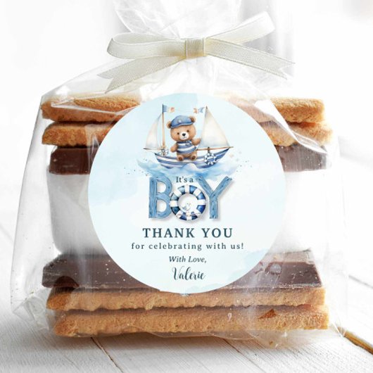 Niedlich Nautical Blue Boat Teddy Bear Boy Baby Du Runder Aufkleber