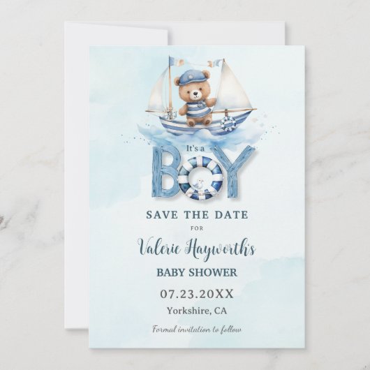 Niedlich Nautical Blue Boat Teddy Bear Boy Baby Du Save The Date (Vorderseite)
