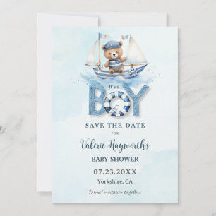 Niedlich Nautical Blue Boat Teddy Bear Boy Baby Du Save The Date
