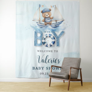 Niedlich Nautical Blue Boat Teddy Bear Boy Baby Du Wandteppich