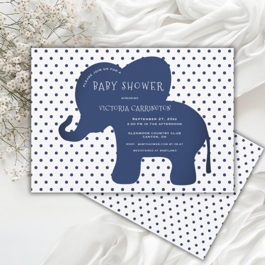 Niedlich Navy Blue Elephant Punkt Baby Dusche Einladung