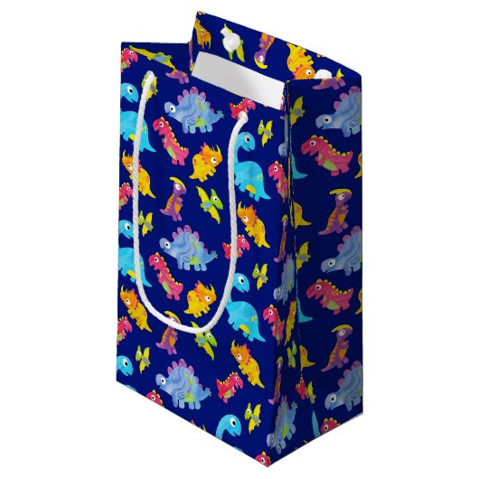 Niedlich Navy Blue Pattern Dinosaurier Geburtstag Kleine Geschenktüte (Vorderseite Schrägansicht)