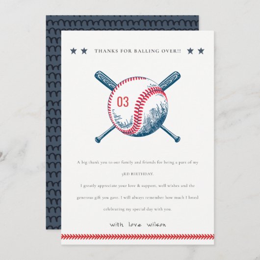 Niedlich Navy Red Baseball Bat Star Kindergeburtst Dankeskarte (Vorne/Hinten)
