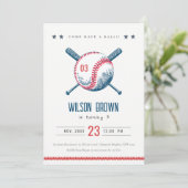 Niedlich Navy Red Baseball Bat Star Kindergeburtst Einladung (Stehend Vorderseite)