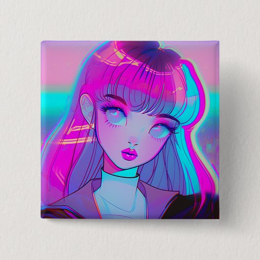 Niedlich Neon Anime Girl Button (Vorderseite)