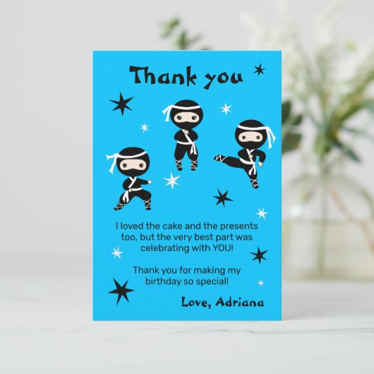 Niedlich Ninja Kids Warrior Girl Blue Birthday Par Dankeskarte (Stehend Vorderseite)