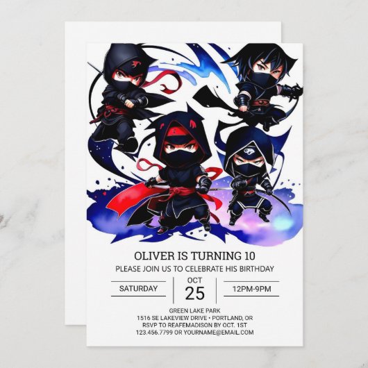 Niedlich Ninja Secret Agent Geburtstag Einladung (Vorne/Hinten)