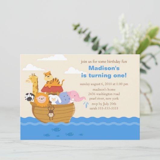 Niedlich Noahs Ark 1. Geburtstag Einladung (Stehend Vorderseite)