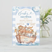 Niedlich Noahs Ark Blue Gingham Boho Baby Shower Einladung (Stehend Vorderseite)