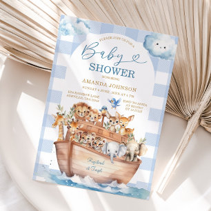 Niedlich Noahs Ark Blue Gingham Boho Baby Shower Einladung