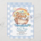Niedlich Noahs Ark Blue Gingham zum ersten Geburts Einladung (Vorne/Hinten)