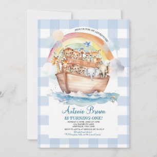 Niedlich Noahs Ark Blue Gingham zum ersten Geburts Einladung
