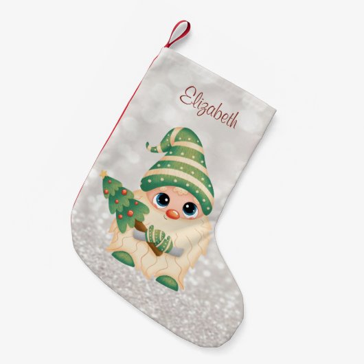 Niedlich Nordic Gnome, Pine Tree Glittery Bokeh Kleiner Weihnachtsstrumpf (Vorderansicht (hängend))